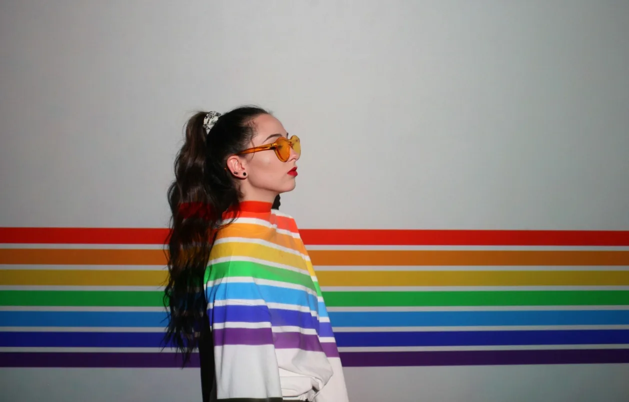LGBT friendly cities NYC woman's clothes coordinating with pride flag